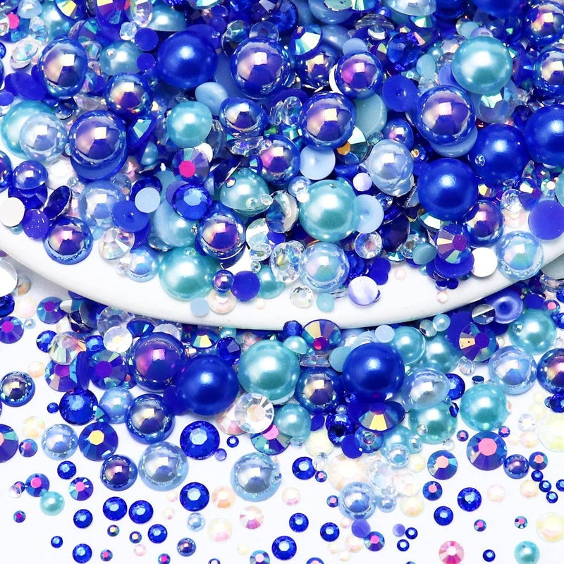Towenm 60g Mixed Pearls and Rhinestones, Flatback Rhinestones & Pearls for Crafts, Tumblers, Shoes, Nails, Face Art, 2mm-10mm Mixed Sizes, Blue|Green|White - Image 1